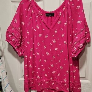 Lane Bryant Hot Pink Floral V-Neck Blouse